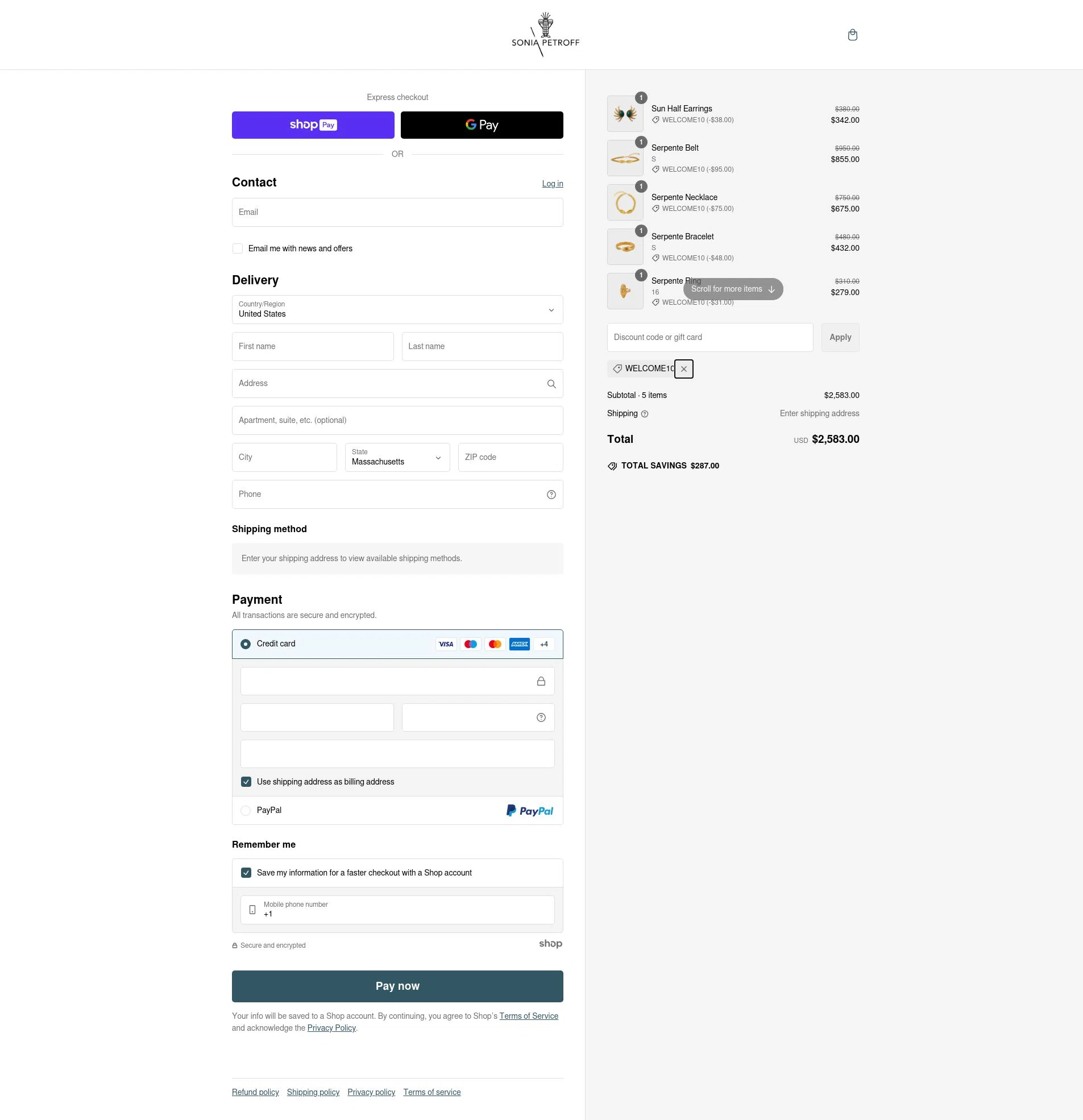 Sonia Petroff checkout page showing Sonia Petroff promo code box | Screenshot taken by SimplyCodes community member on Feb 5, 2025