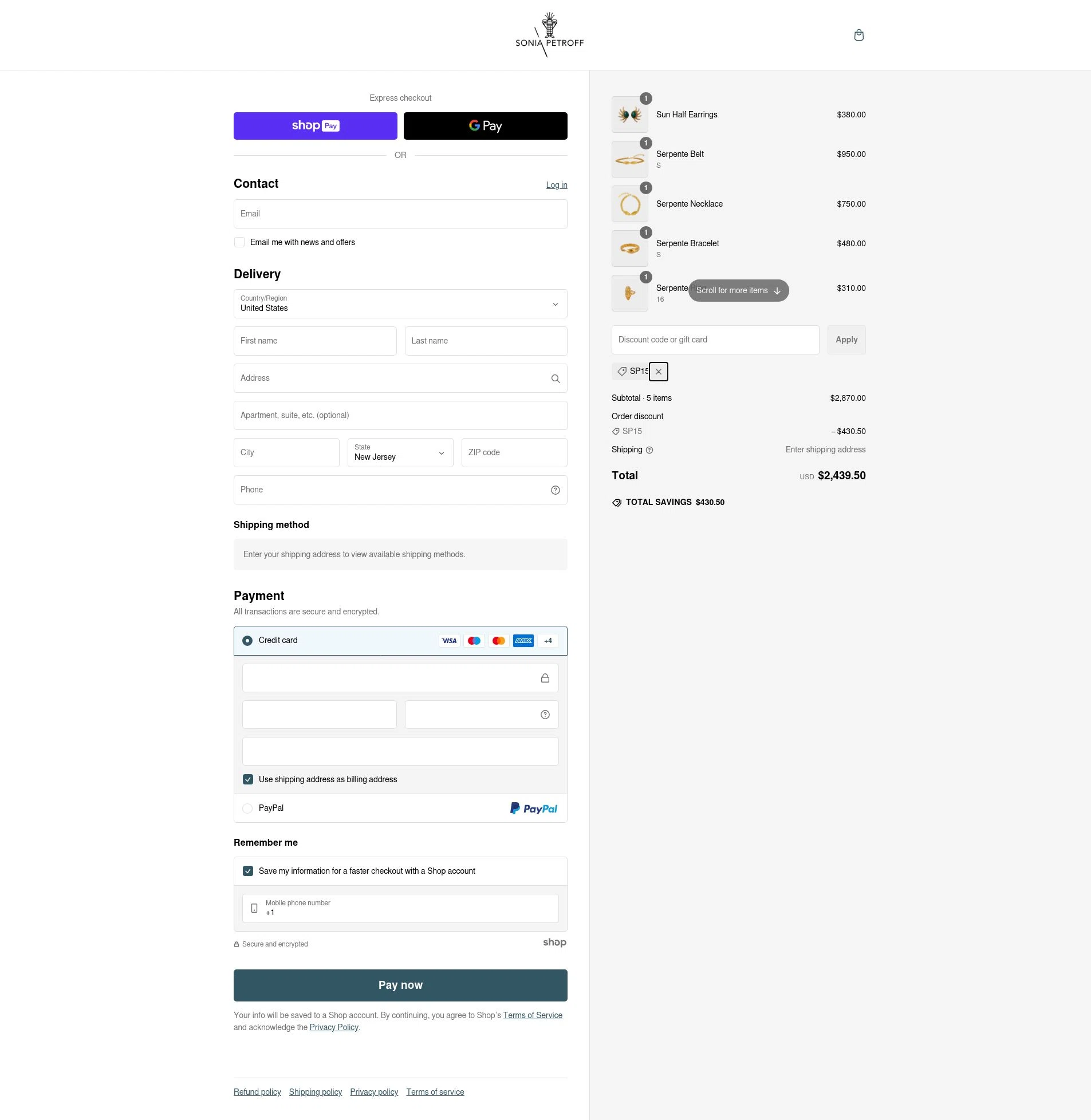 Sonia Petroff checkout page showing Sonia Petroff promo code box | Screenshot taken by SimplyCodes community member on Feb 10, 2025