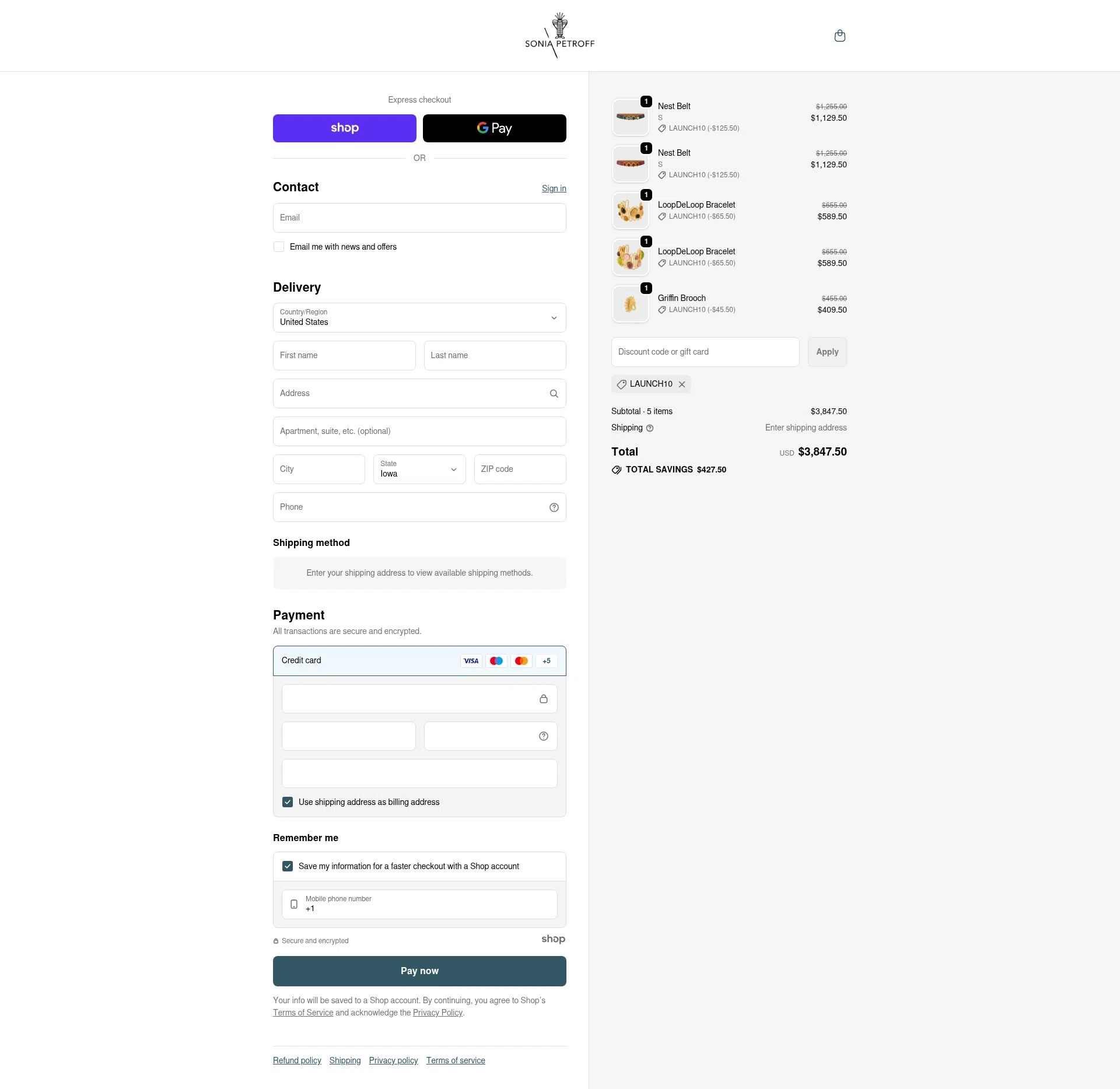 Sonia Petroff checkout page showing Sonia Petroff promo code box | Screenshot taken by SimplyCodes community member on Nov 23, 2025