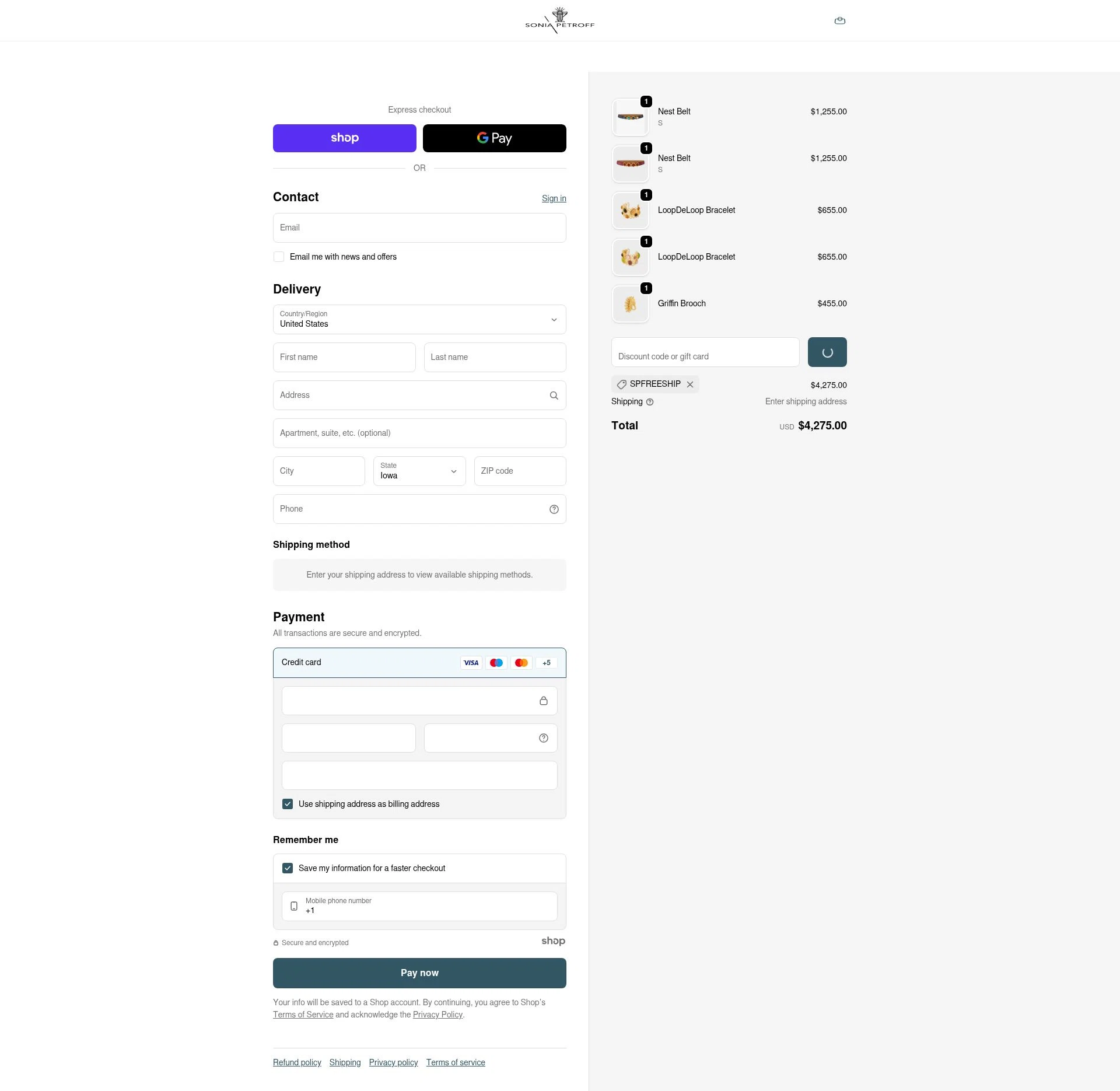 Sonia Petroff checkout page showing Sonia Petroff promo code box | Screenshot taken by SimplyCodes community member on Dec 22, 2025