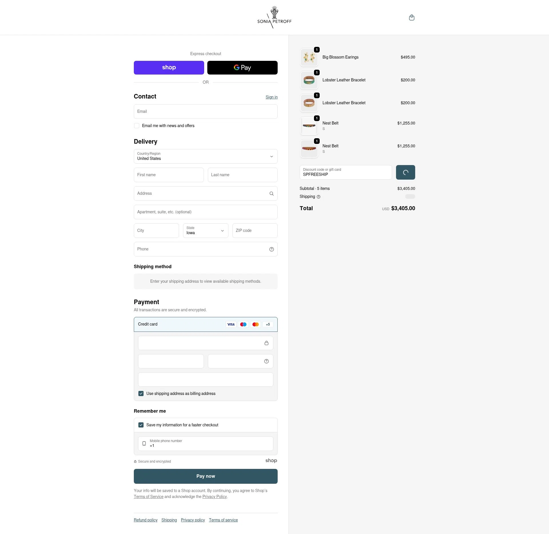 Sonia Petroff checkout page showing Sonia Petroff promo code box | Screenshot taken by SimplyCodes community member on Jan 1, 2026
