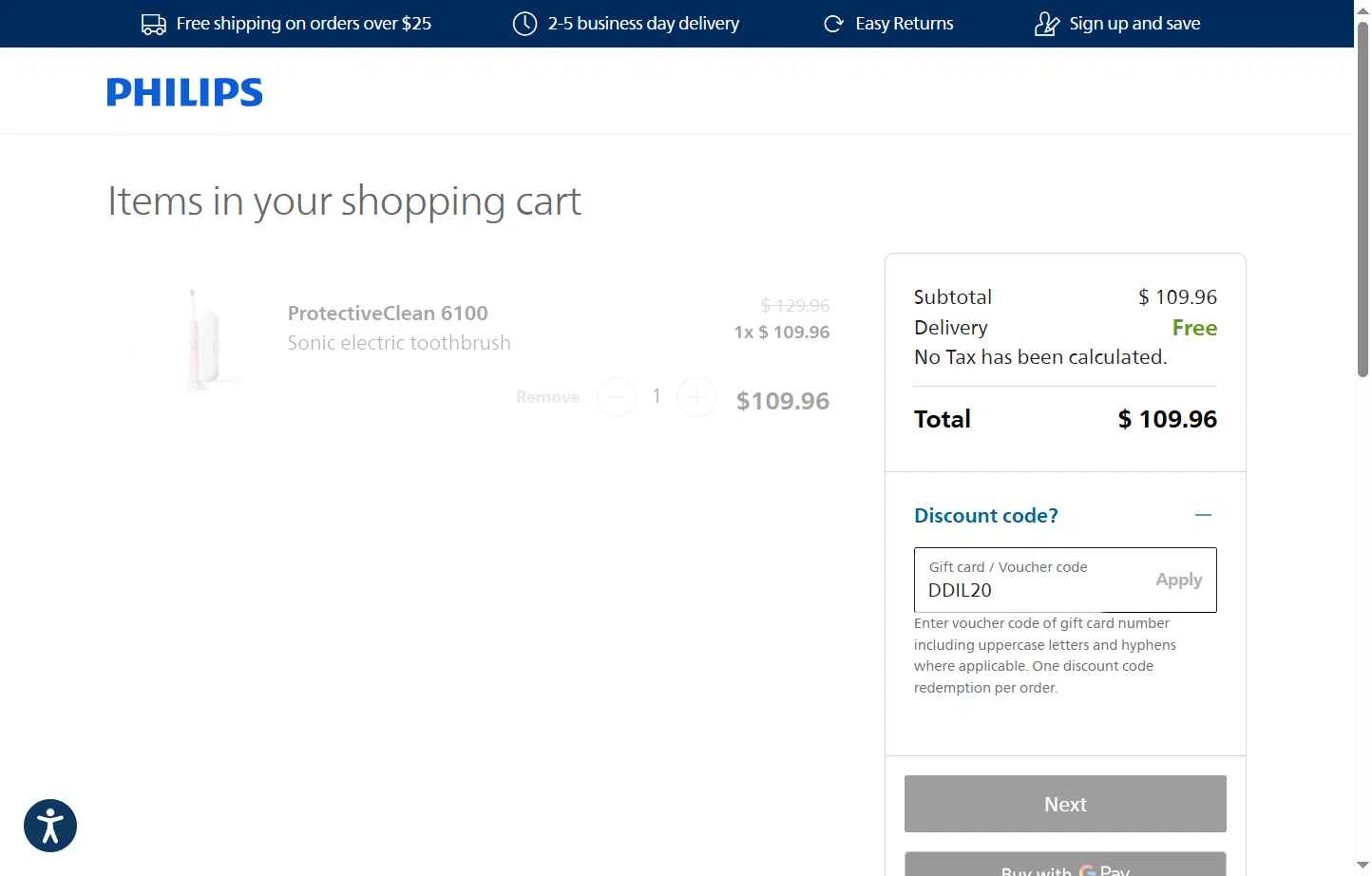 Sonicare checkout page showing Sonicare promo code box | Screenshot taken by SimplyCodes community member on Dec 24, 2025