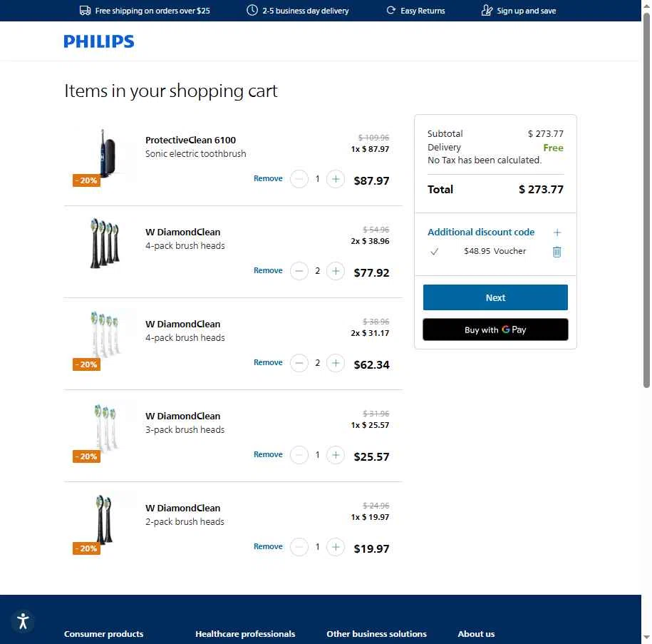 Sonicare checkout page showing Sonicare promo code box | Screenshot taken by SimplyCodes community member on Nov 25, 2025