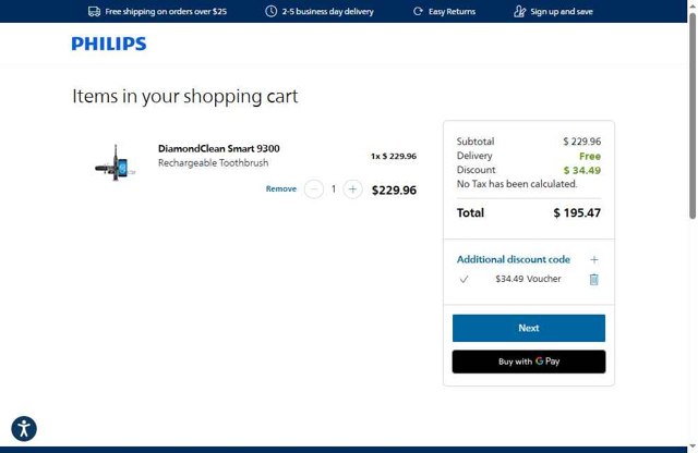 Sonicare checkout page showing Sonicare promo code box | Screenshot taken by SimplyCodes community member on Jul 15, 2025