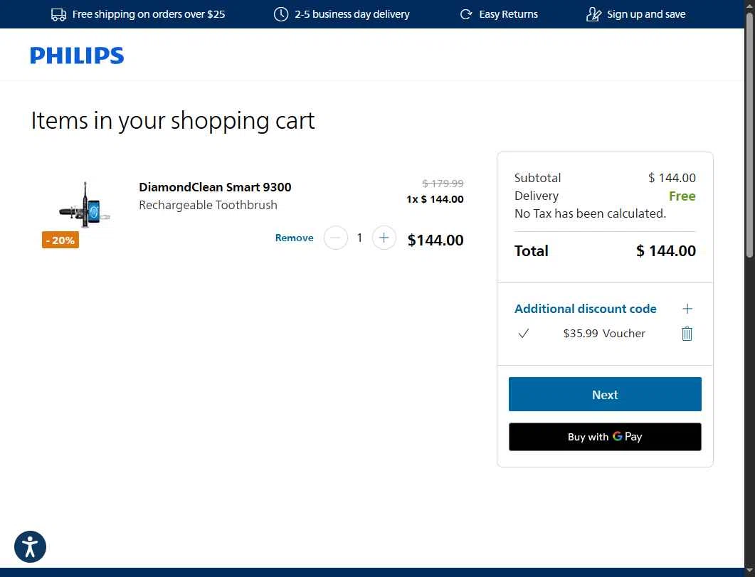 Sonicare checkout page showing Sonicare promo code box | Screenshot taken by SimplyCodes community member on Dec 6, 2025