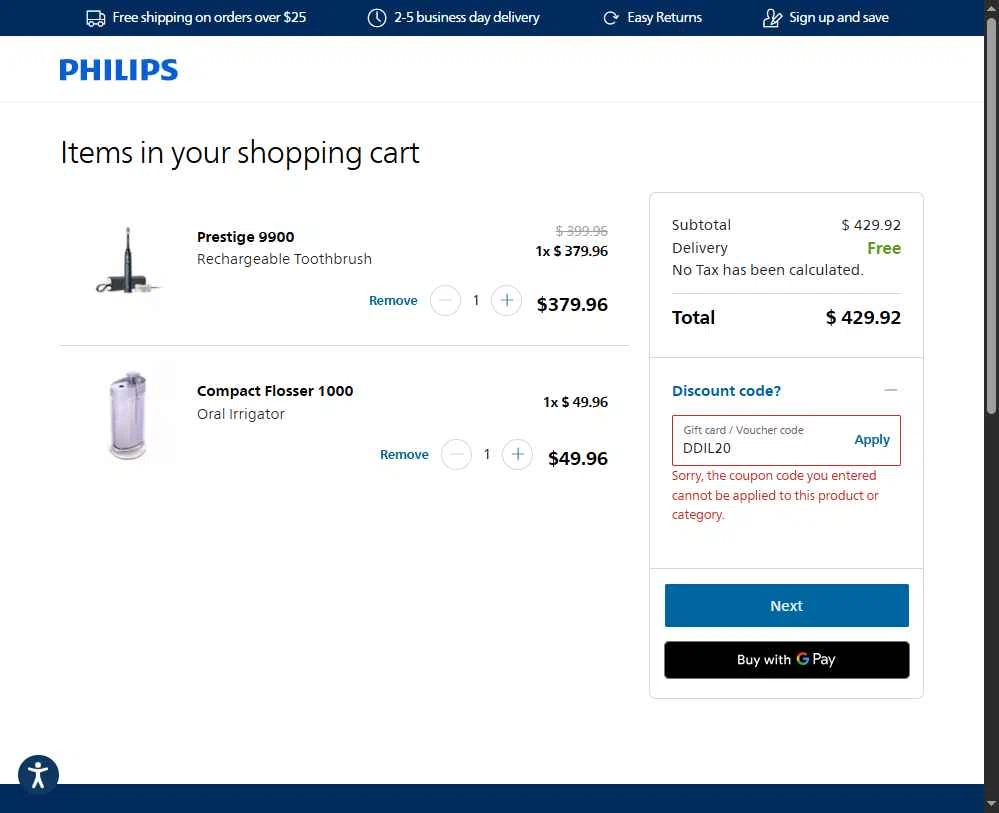 Sonicare checkout page showing Sonicare promo code box | Screenshot taken by SimplyCodes community member on Jan 22, 2026