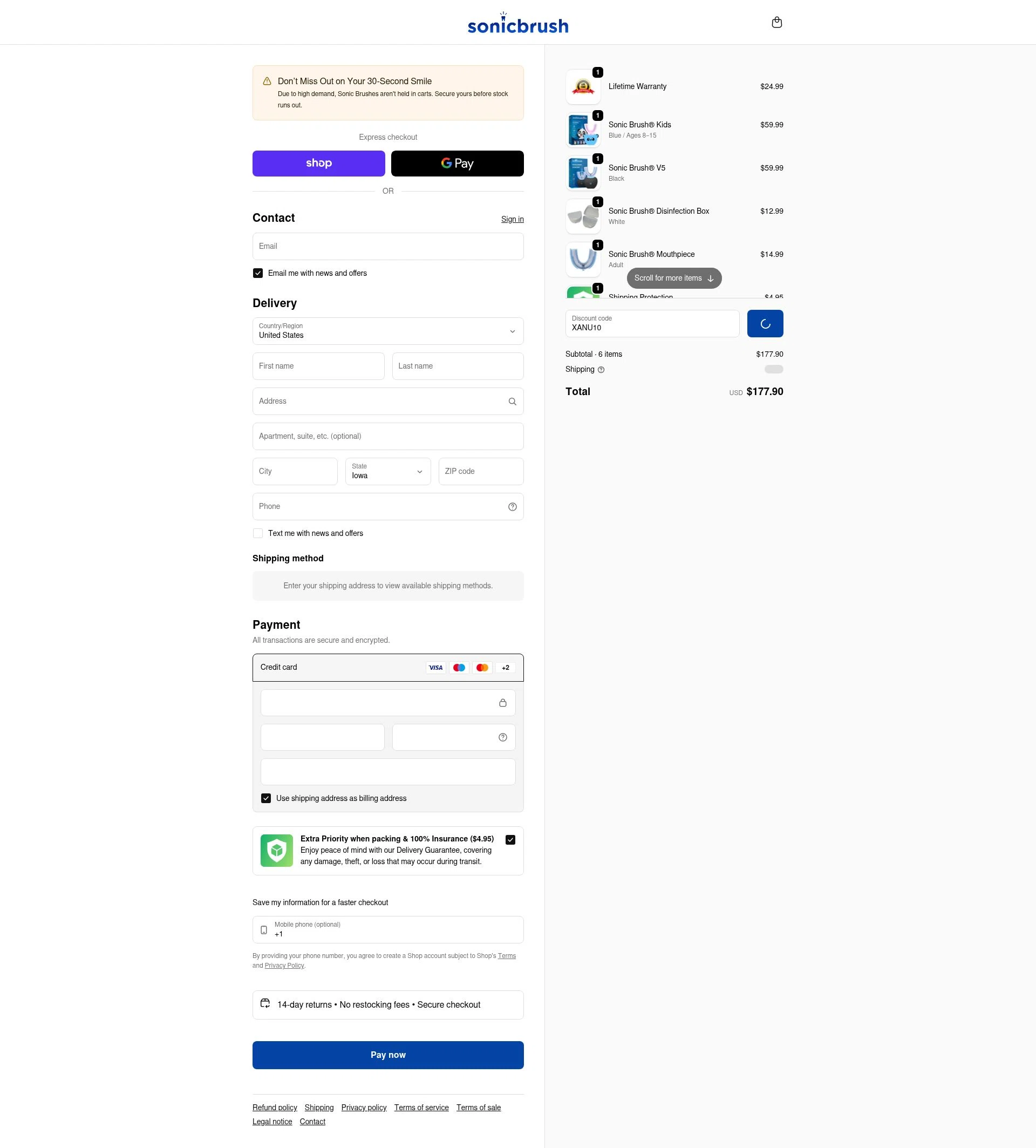 Sonic Brush® checkout page showing Sonic Brush® discount code box | Screenshot taken by SimplyCodes community member on Feb 6, 2026