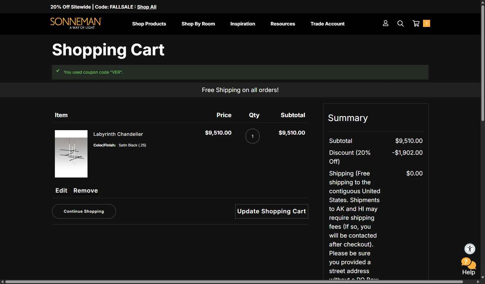 SONNEMAN checkout page showing SONNEMAN promo code box | Screenshot taken by SimplyCodes community member on Oct 7, 2025