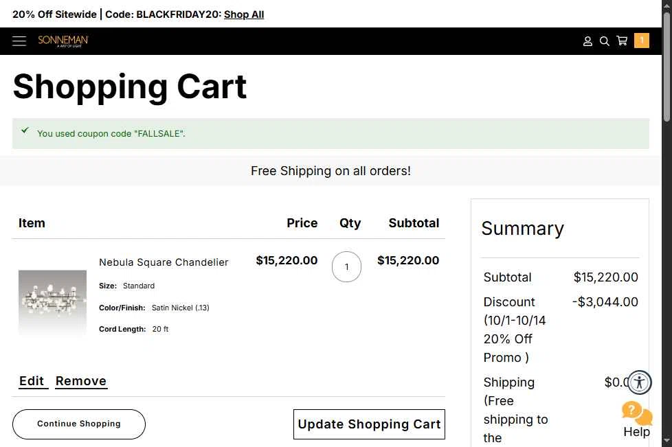 SONNEMAN checkout page showing SONNEMAN promo code box | Screenshot taken by SimplyCodes community member on Dec 2, 2025