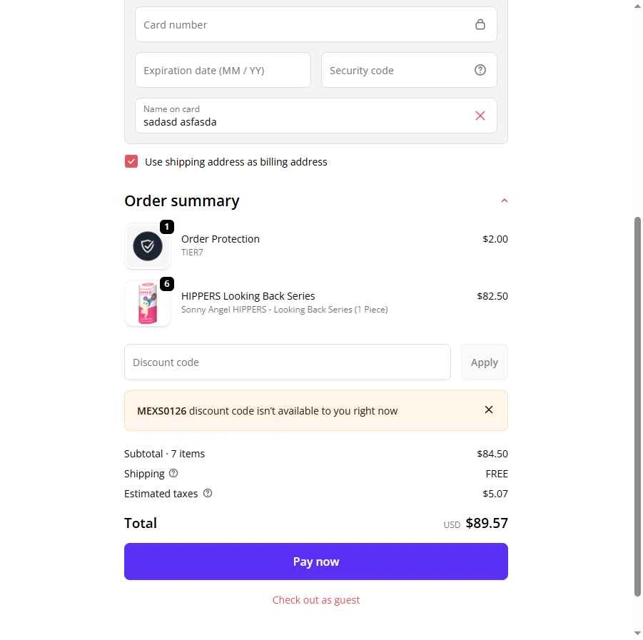 Sonny Angel USA checkout page showing Sonny Angel USA discount code box | Screenshot taken by SimplyCodes community member on Jan 12, 2026