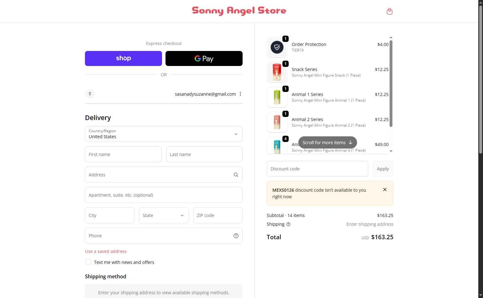 Sonny Angel USA checkout page showing Sonny Angel USA discount code box | Screenshot taken by SimplyCodes community member on Jan 26, 2026