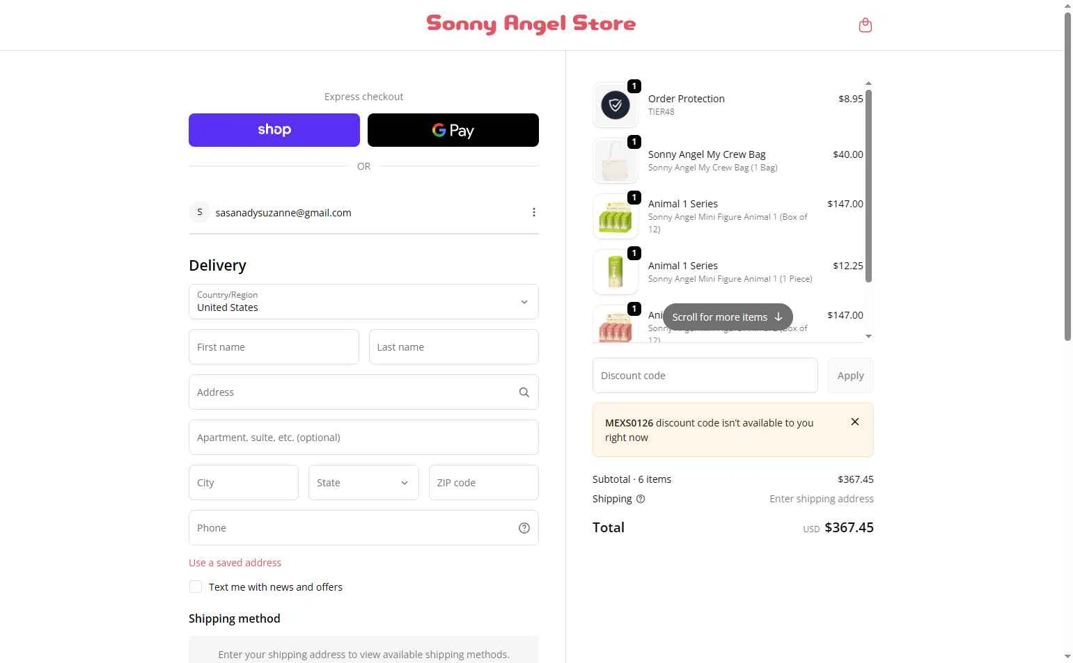 Sonny Angel USA checkout page showing Sonny Angel USA discount code box | Screenshot taken by SimplyCodes community member on Jan 29, 2026