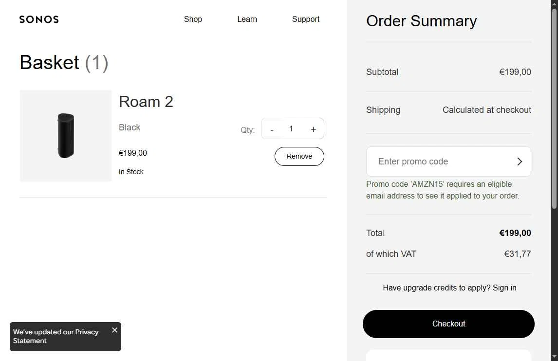 Sonos checkout page showing Sonos coupon code box | Screenshot taken by SimplyCodes community member on Aug 13, 2025