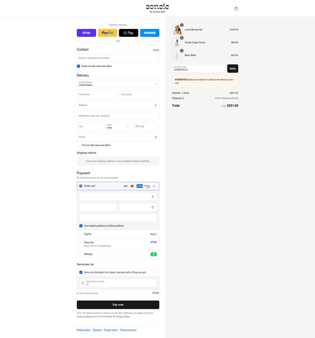Sonsie Skin checkout page showing Sonsie Skin discount code box | Screenshot taken by SimplyCodes community member on Sep 8, 2025