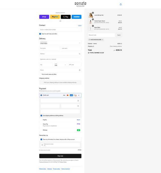 Sonsie Skin checkout page showing Sonsie Skin discount code box | Screenshot taken by SimplyCodes community member on Sep 8, 2025
