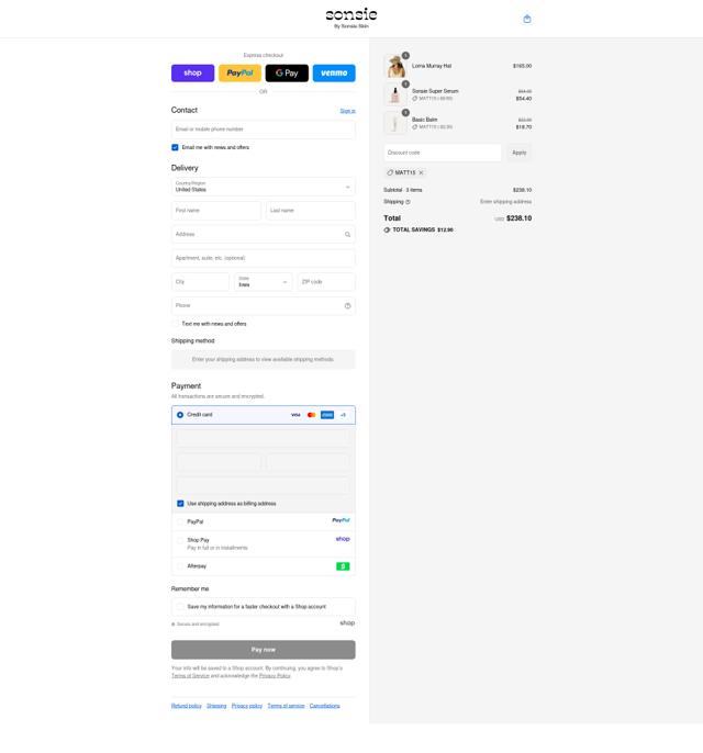 Sonsie Skin checkout page showing Sonsie Skin discount code box | Screenshot taken by SimplyCodes community member on Sep 12, 2025