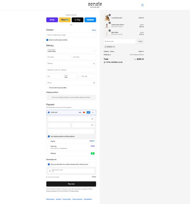 Sonsie Skin checkout page showing Sonsie Skin discount code box | Screenshot taken by SimplyCodes community member on Sep 12, 2025