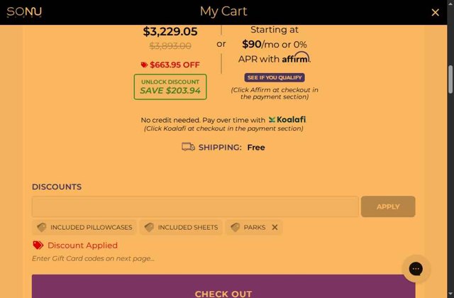 SONU Sleep checkout page showing SONU Sleep promo code box | Screenshot taken by SimplyCodes community member on May 21, 2025