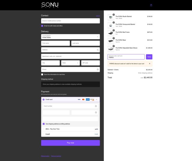 SONU Sleep checkout page showing SONU Sleep promo code box | Screenshot taken by SimplyCodes community member on Jan 12, 2025