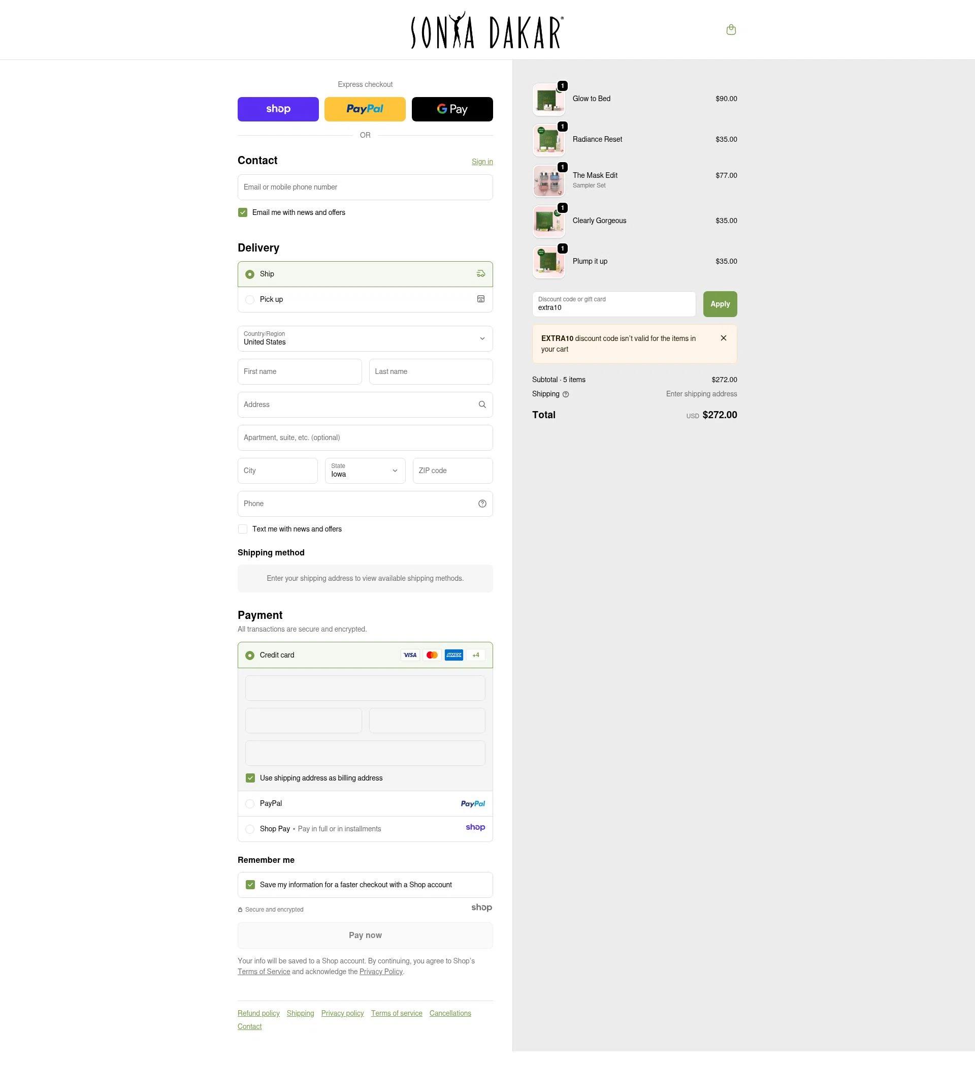 Sonya Dakar checkout page showing Sonya Dakar promo code box | Screenshot taken by SimplyCodes community member on Nov 23, 2025
