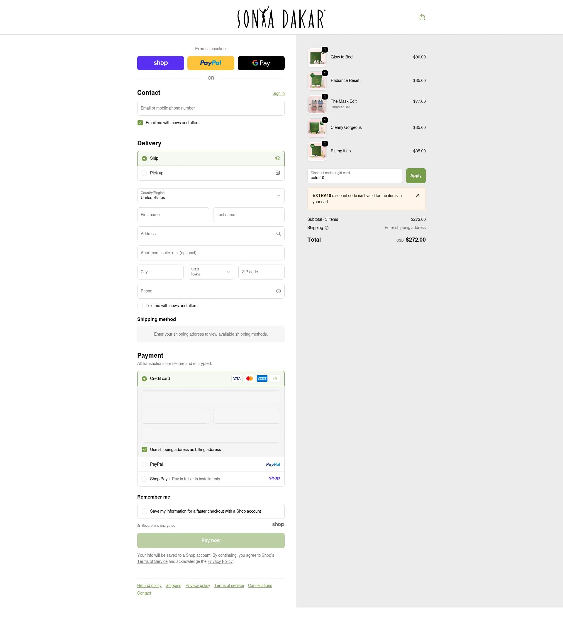 Sonya Dakar checkout page showing Sonya Dakar promo code box | Screenshot taken by SimplyCodes community member on Nov 28, 2025
