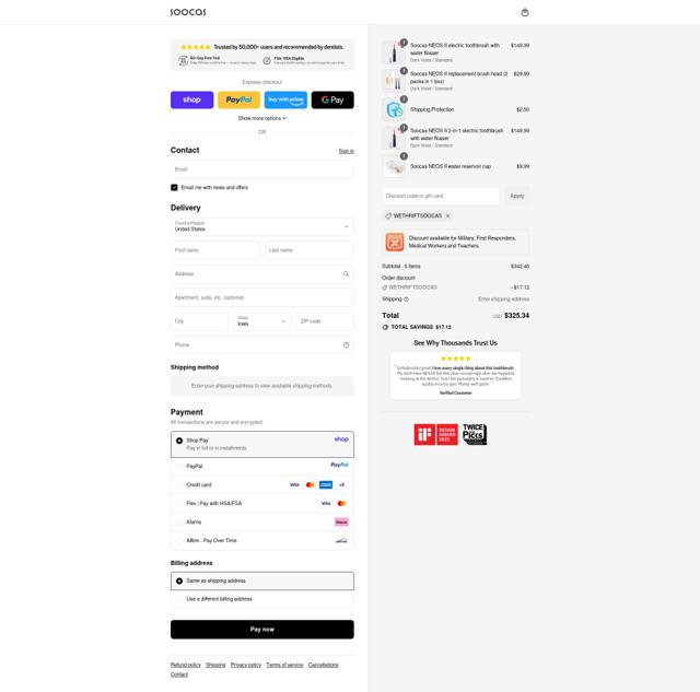 Soocas checkout page showing Soocas discount code box | Screenshot taken by SimplyCodes community member on Sep 12, 2025