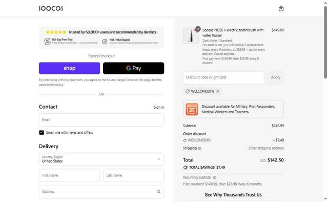 Soocas checkout page showing Soocas discount code box | Screenshot taken by SimplyCodes community member on Sep 13, 2025