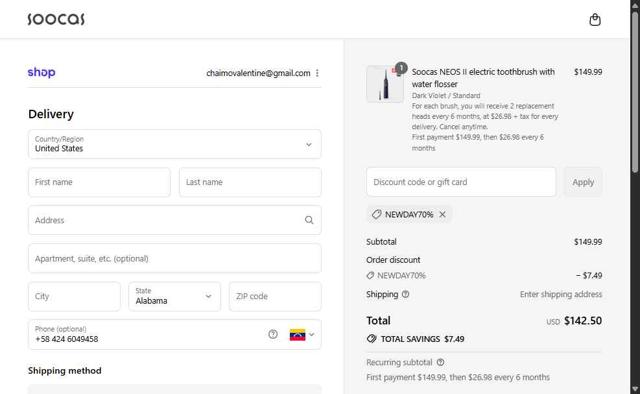 Soocas checkout page showing Soocas discount code box | Screenshot taken by SimplyCodes community member on Sep 14, 2025