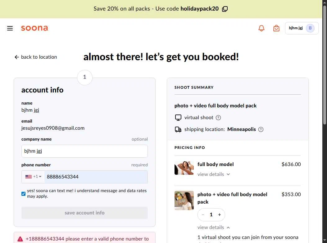Soona checkout page showing Soona promo code box | Screenshot taken by SimplyCodes community member on Sep 10, 2025