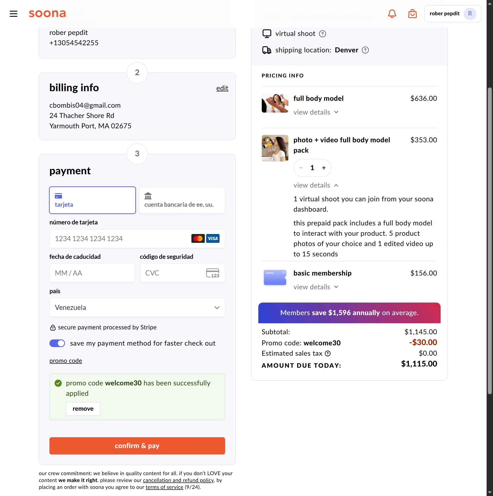 Soona checkout page showing Soona promo code box | Screenshot taken by SimplyCodes community member on Nov 15, 2025