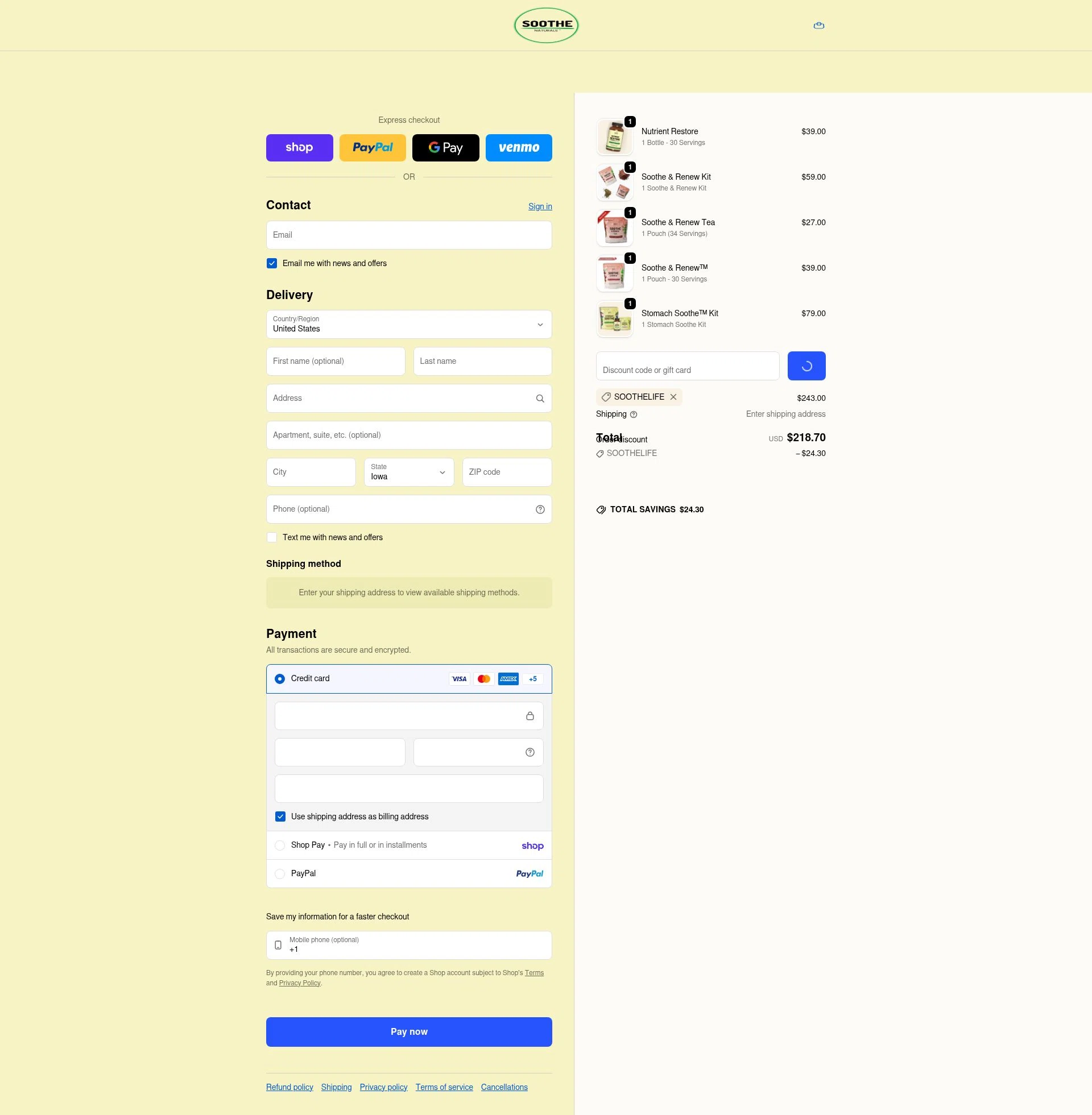 Soothe Naturals checkout page showing Soothe Naturals coupon code box | Screenshot taken by SimplyCodes community member on Feb 1, 2026