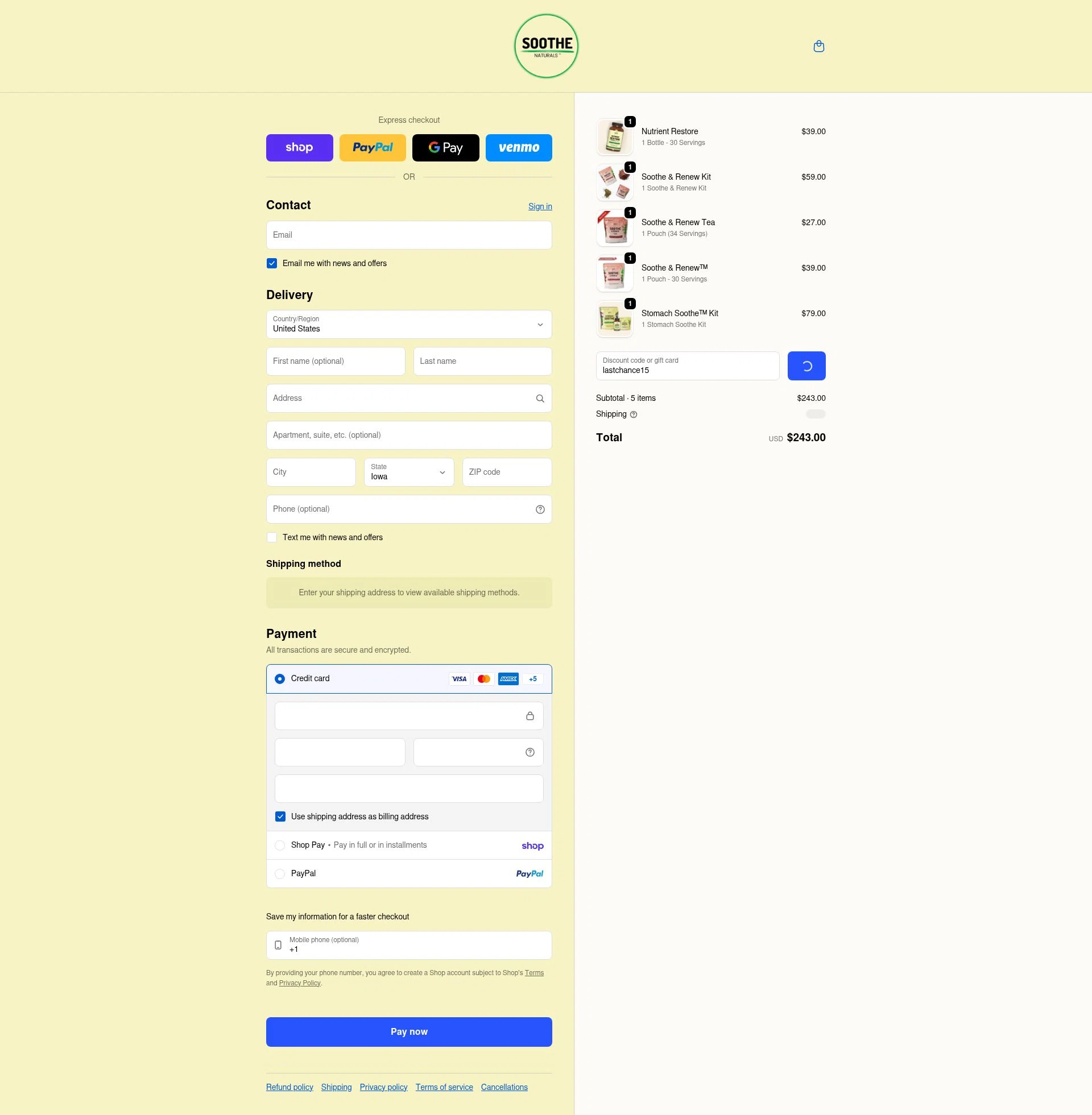 Soothe Naturals checkout page showing Soothe Naturals coupon code box | Screenshot taken by SimplyCodes community member on Feb 12, 2026