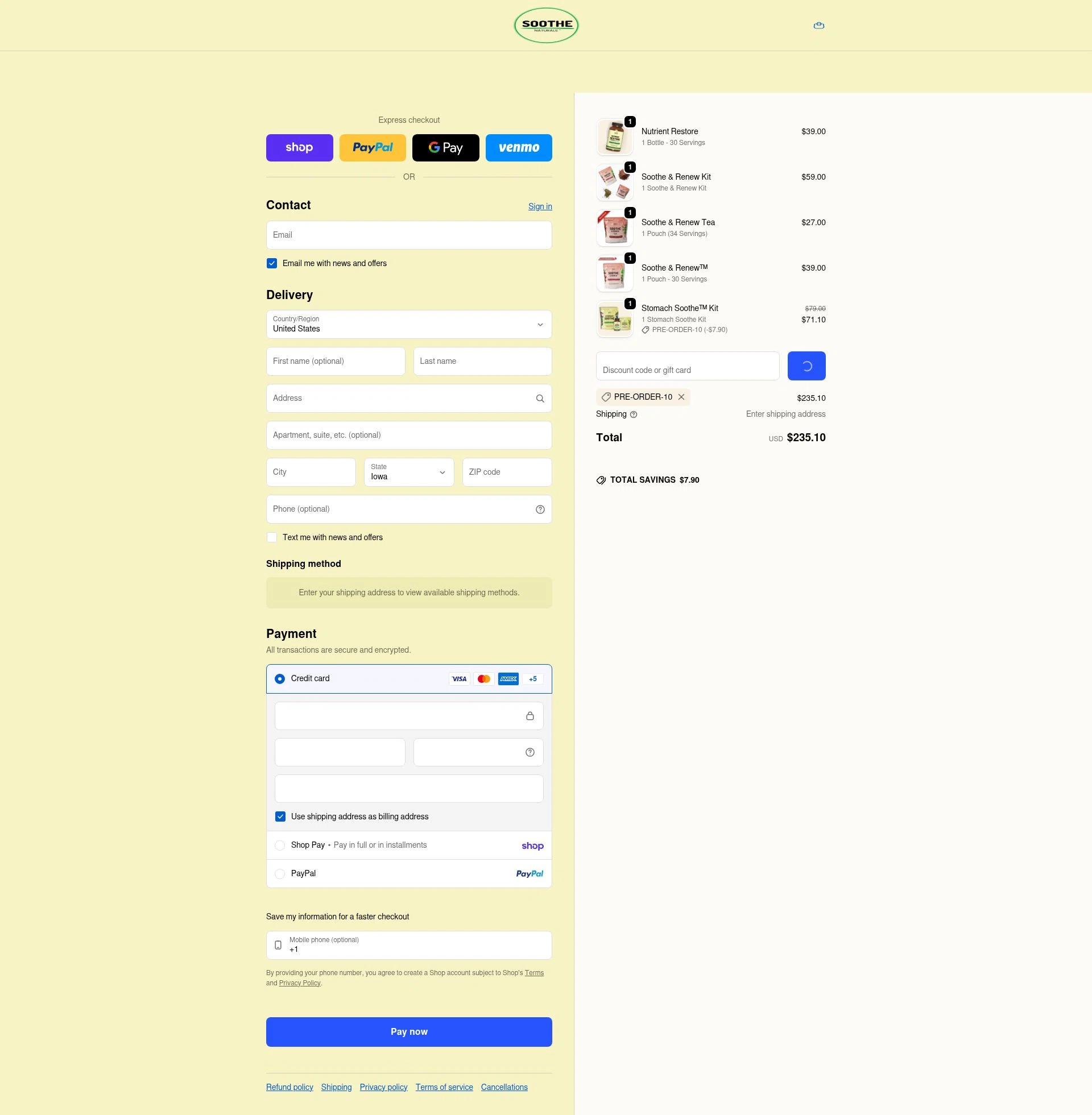 Soothe Naturals checkout page showing Soothe Naturals coupon code box | Screenshot taken by SimplyCodes community member on Feb 5, 2026