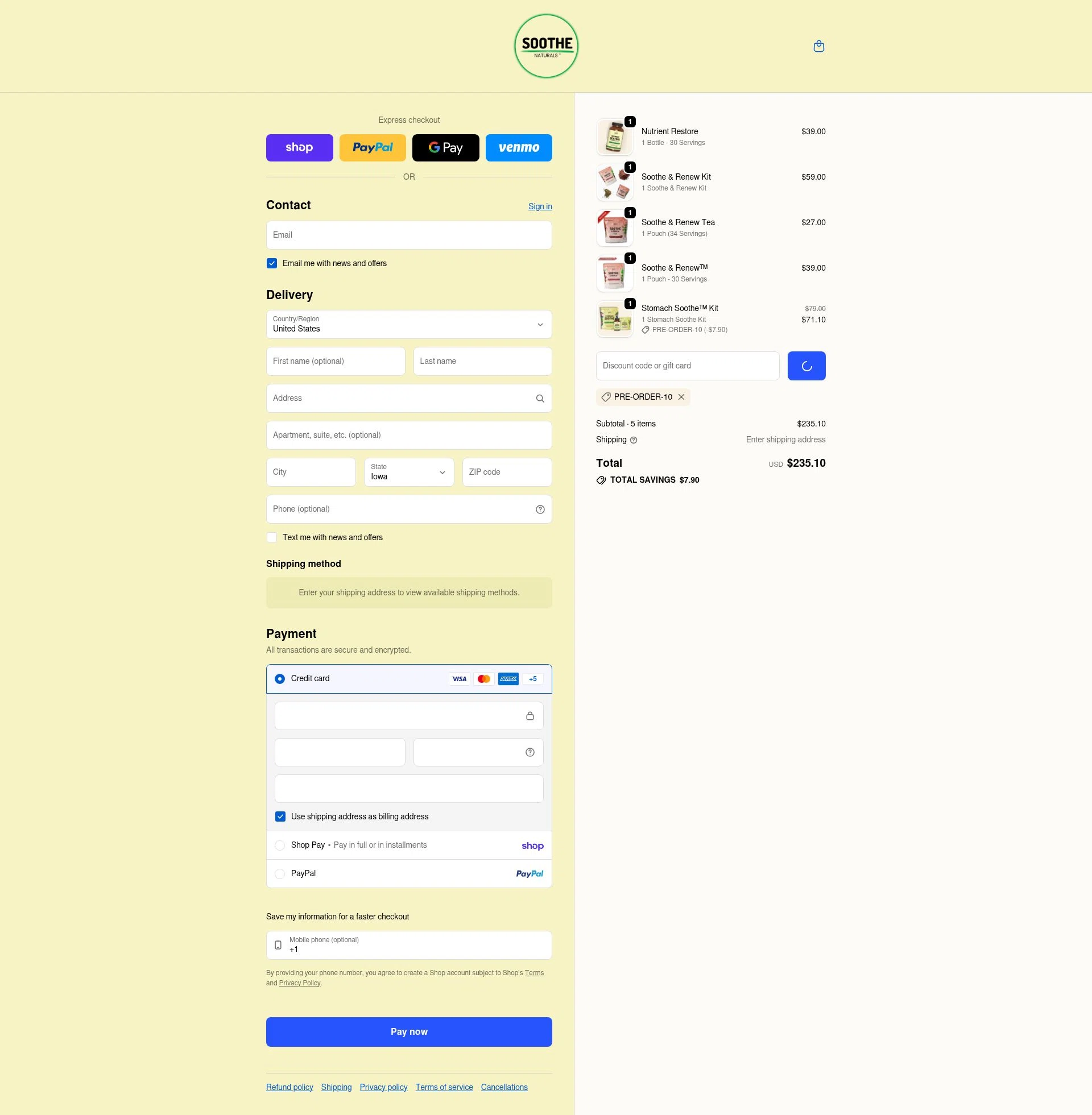 Soothe Naturals checkout page showing Soothe Naturals coupon code box | Screenshot taken by SimplyCodes community member on Feb 10, 2026