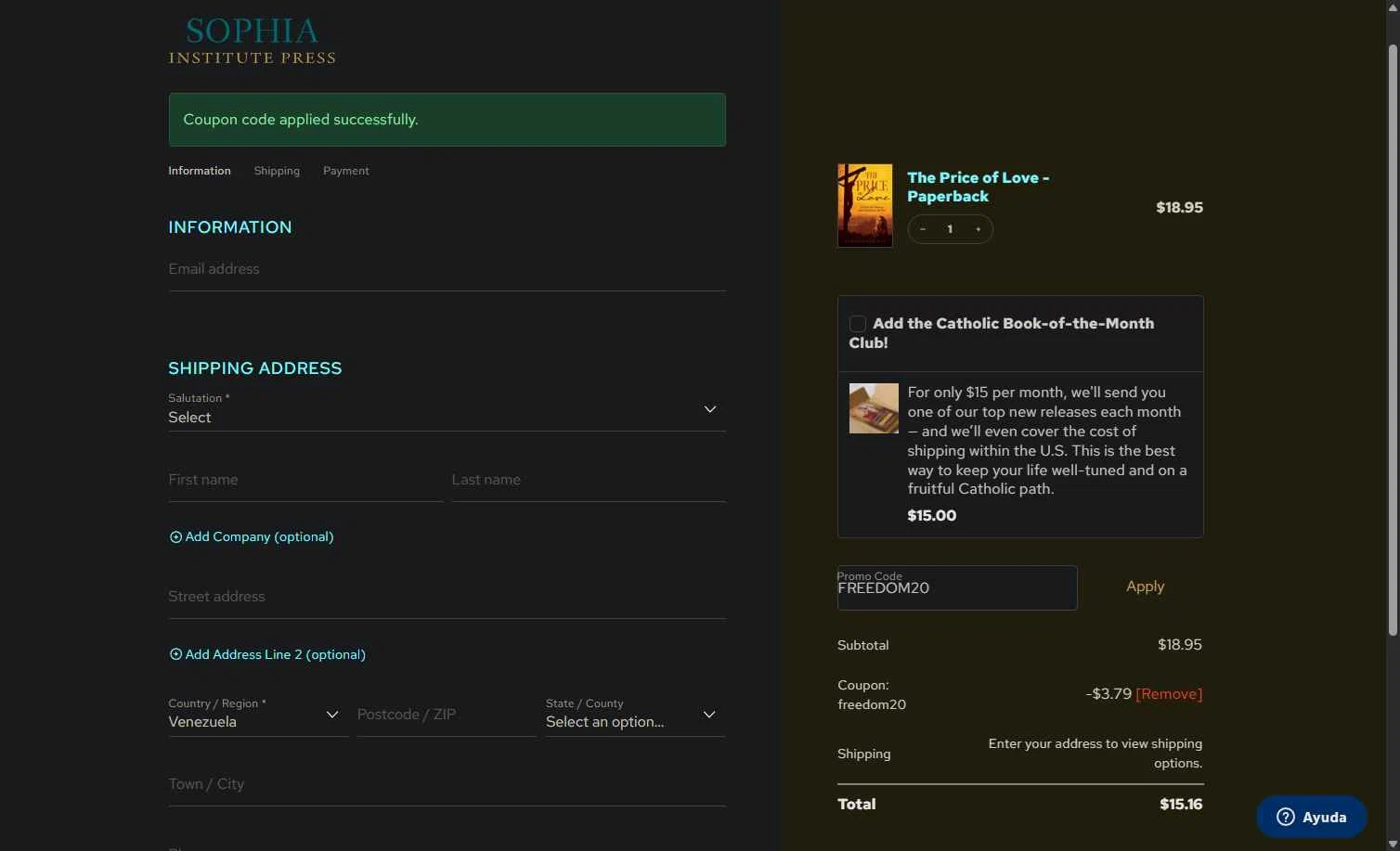 Sophia Institute Press checkout page showing Sophia Institute Press discount code box | Screenshot taken by SimplyCodes community member on Dec 28, 2025