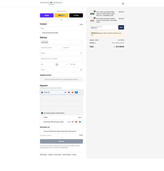 Sophie Conran checkout page showing Sophie Conran discount code box | Screenshot taken by SimplyCodes community member on Sep 3, 2025