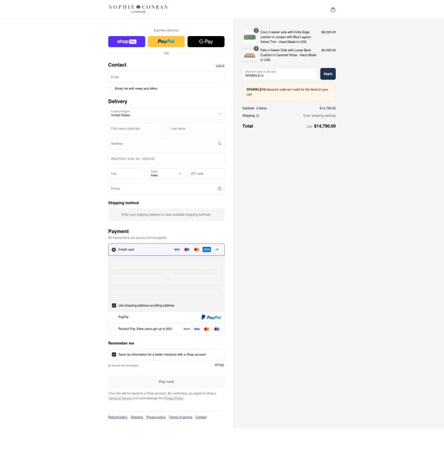 Sophie Conran checkout page showing Sophie Conran discount code box | Screenshot taken by SimplyCodes community member on Aug 9, 2025