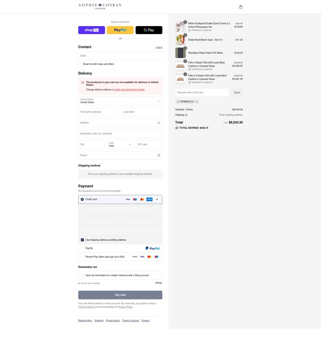 Sophie Conran checkout page showing Sophie Conran discount code box | Screenshot taken by SimplyCodes community member on Aug 5, 2025