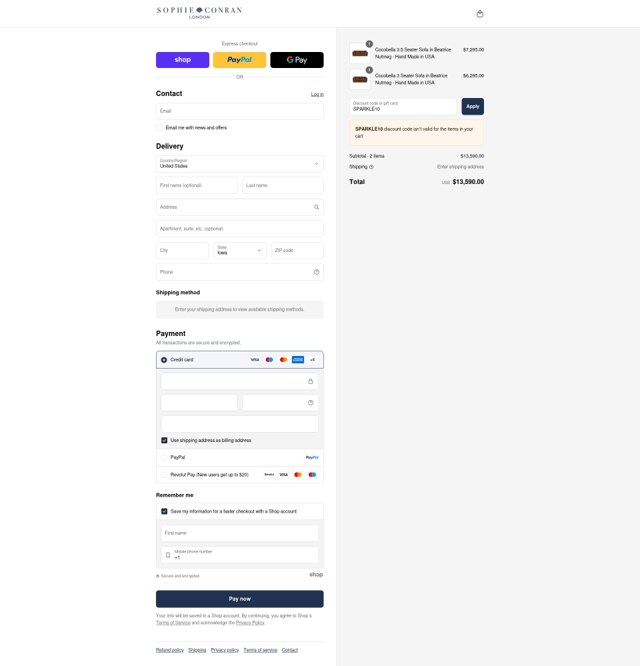 Sophie Conran checkout page showing Sophie Conran discount code box | Screenshot taken by SimplyCodes community member on Sep 8, 2025