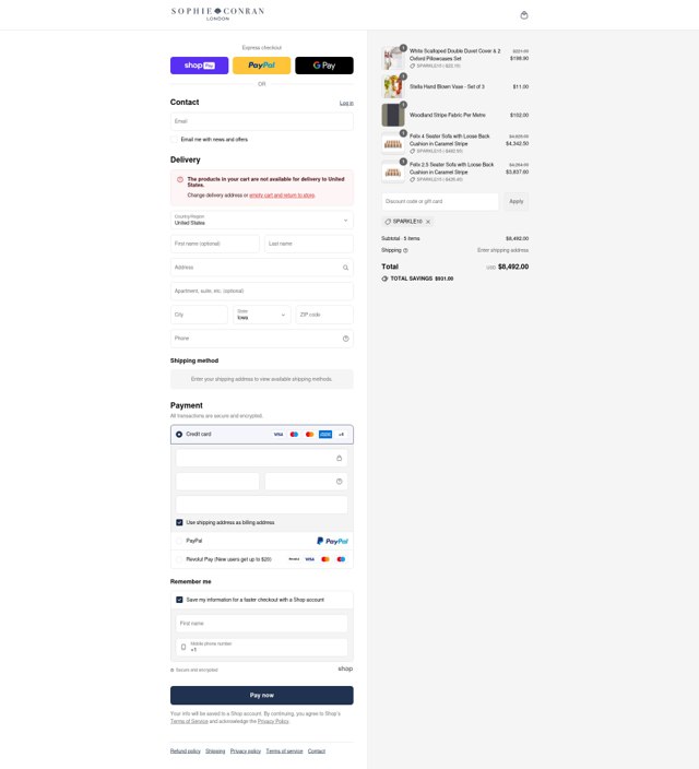 Sophie Conran checkout page showing Sophie Conran discount code box | Screenshot taken by SimplyCodes community member on Jul 31, 2025