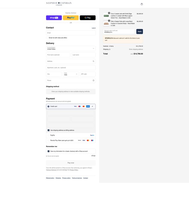 Sophie Conran checkout page showing Sophie Conran discount code box | Screenshot taken by SimplyCodes community member on Aug 12, 2025