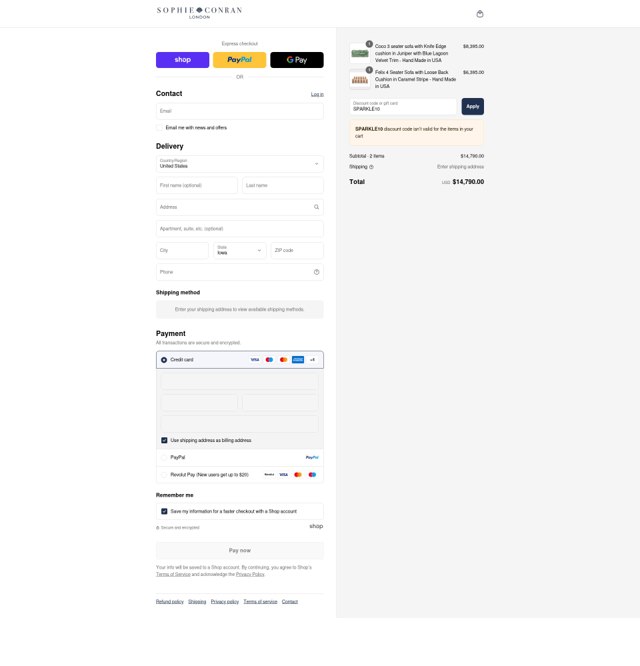Sophie Conran checkout page showing Sophie Conran discount code box | Screenshot taken by SimplyCodes community member on Aug 30, 2025