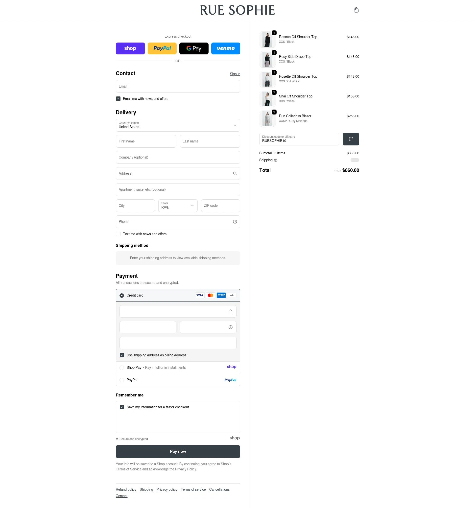 Sophie Rue checkout page showing Sophie Rue discount code box | Screenshot taken by SimplyCodes community member on Jan 2, 2026