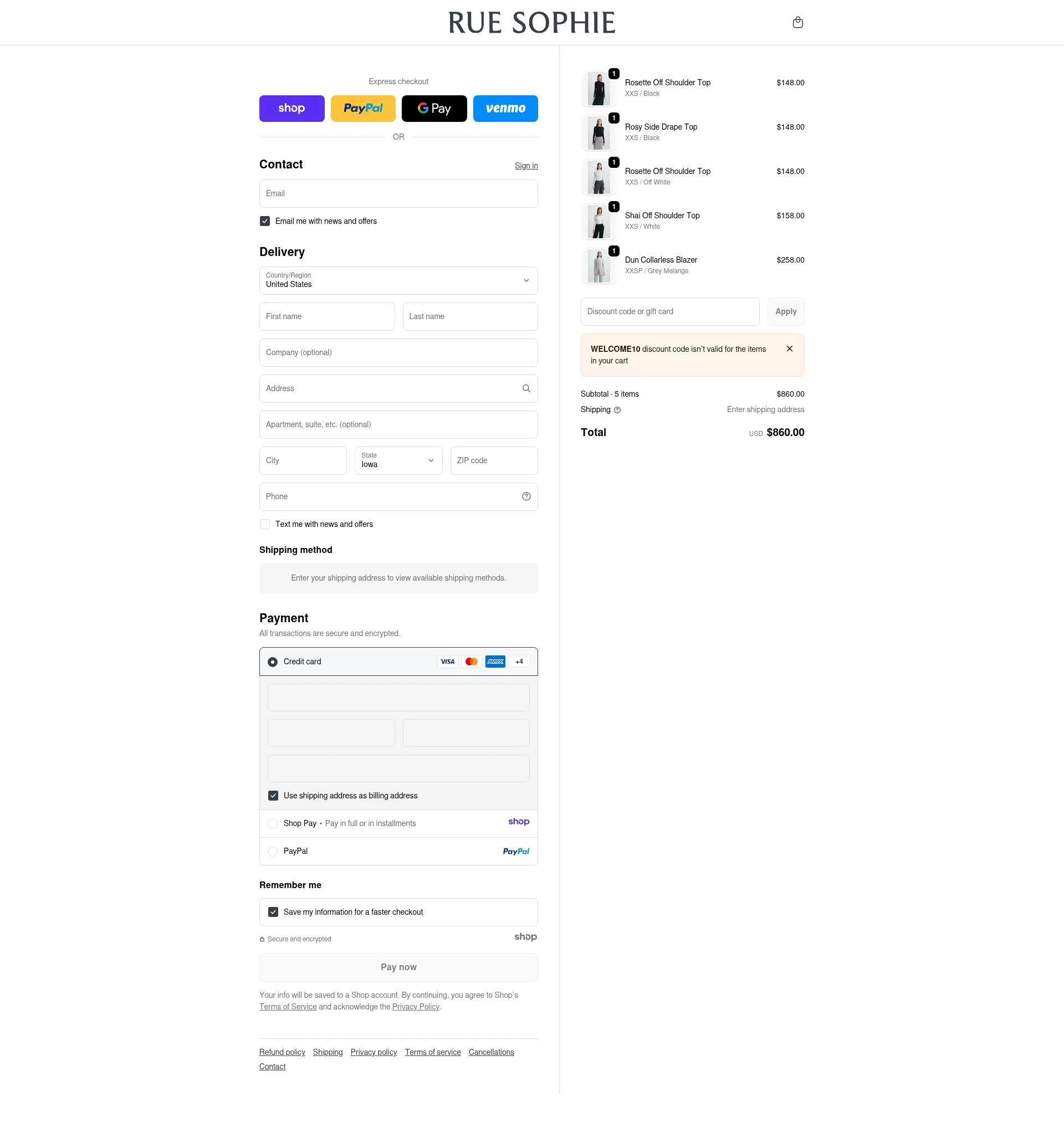 Sophie Rue checkout page showing Sophie Rue discount code box | Screenshot taken by SimplyCodes community member on Jan 2, 2026