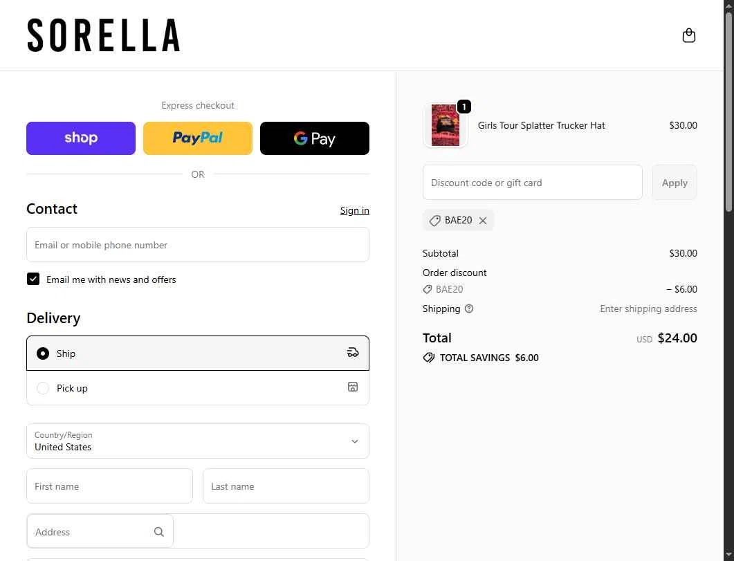 Sorella checkout page showing Sorella promo code box | Screenshot taken by SimplyCodes community member on Feb 6, 2026