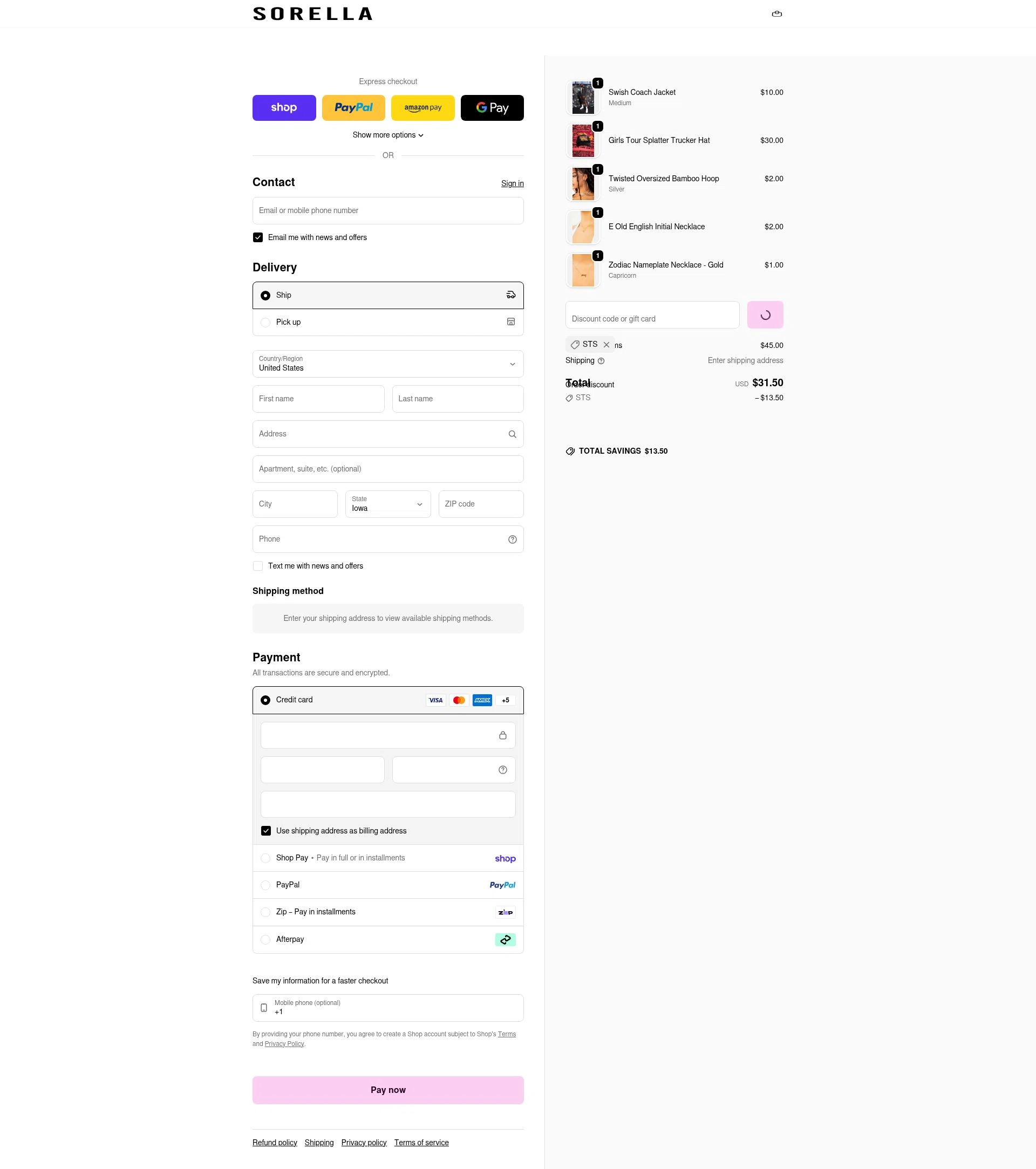 Sorella checkout page showing Sorella promo code box | Screenshot taken by SimplyCodes community member on Feb 6, 2026