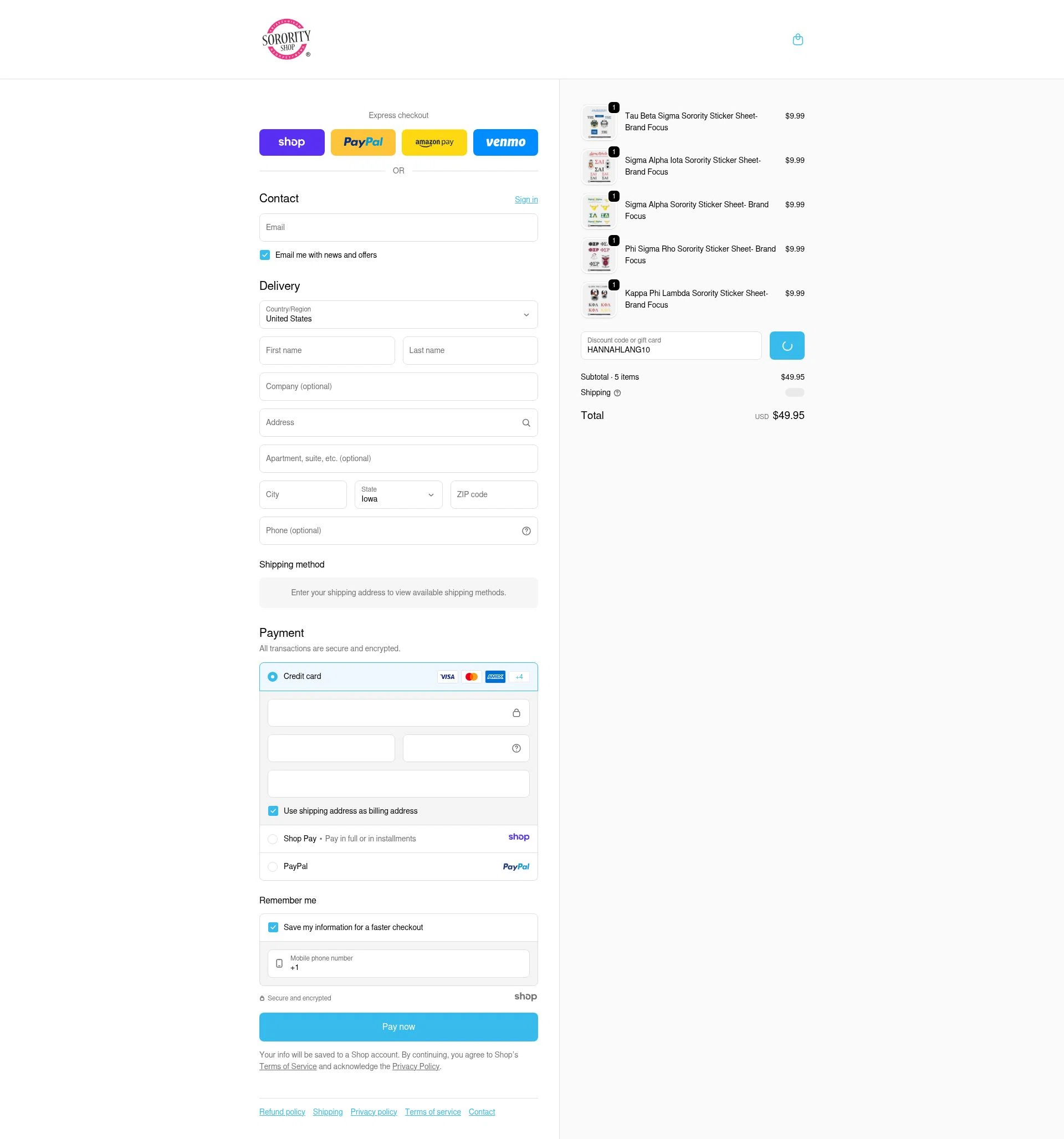 Sorority Shop checkout page showing Sorority Shop promo code box | Screenshot taken by SimplyCodes community member on Dec 28, 2025