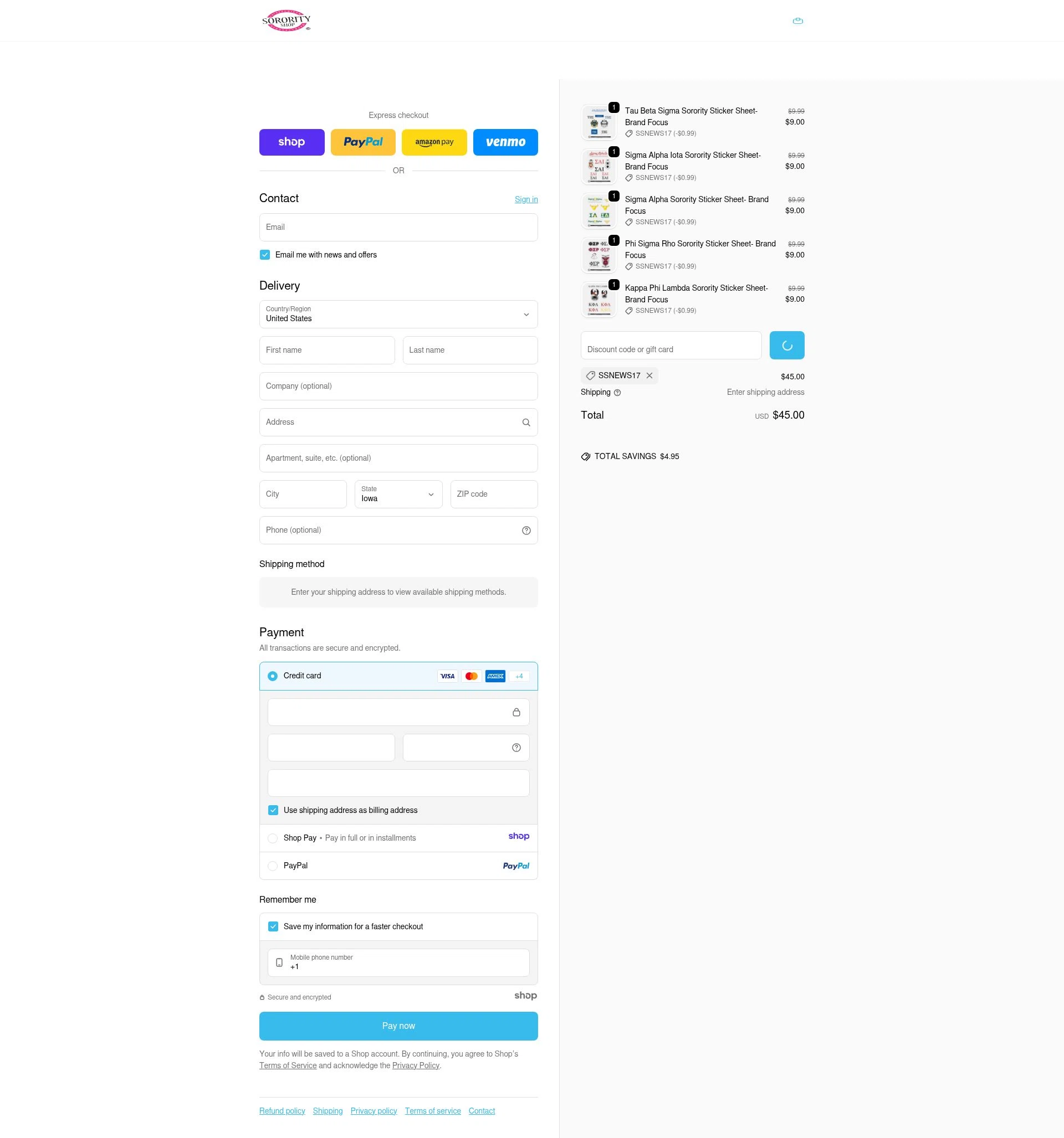 Sorority Shop checkout page showing Sorority Shop promo code box | Screenshot taken by SimplyCodes community member on Dec 28, 2025