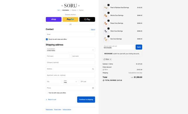 Soru Jewellery checkout page showing Soru Jewellery discount code box | Screenshot taken by SimplyCodes community member on Sep 30, 2025