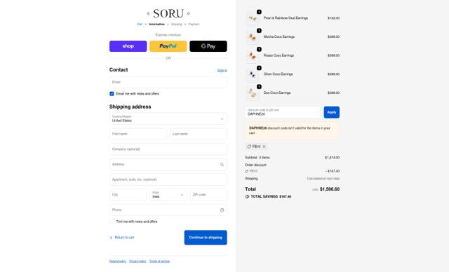 Soru Jewellery checkout page showing Soru Jewellery discount code box | Screenshot taken by SimplyCodes community member on Sep 30, 2025